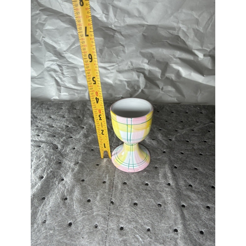 Vintage Italian Hand Painted Ceramic Egg Cup. Pastel Plaid Cottagecore